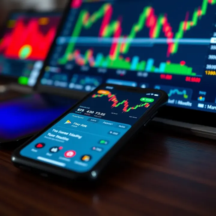 Mobile phone displaying a forex trading app interface with charts and currency pairs
