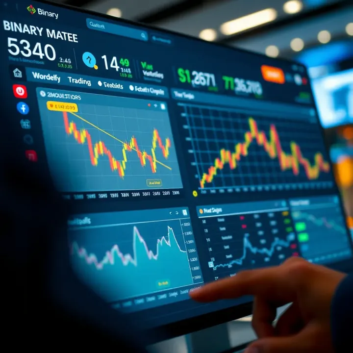 Dashboard interface of a top binary trading bot showing market data and trade options