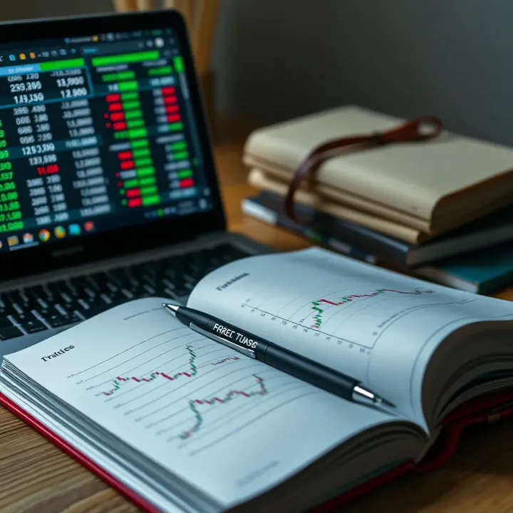Open book with financial graphs and notes beside a laptop showing currency exchange rates