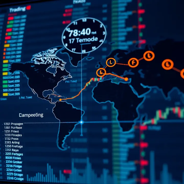 World map highlighting major forex trading sessions with clock icons showing different time zones