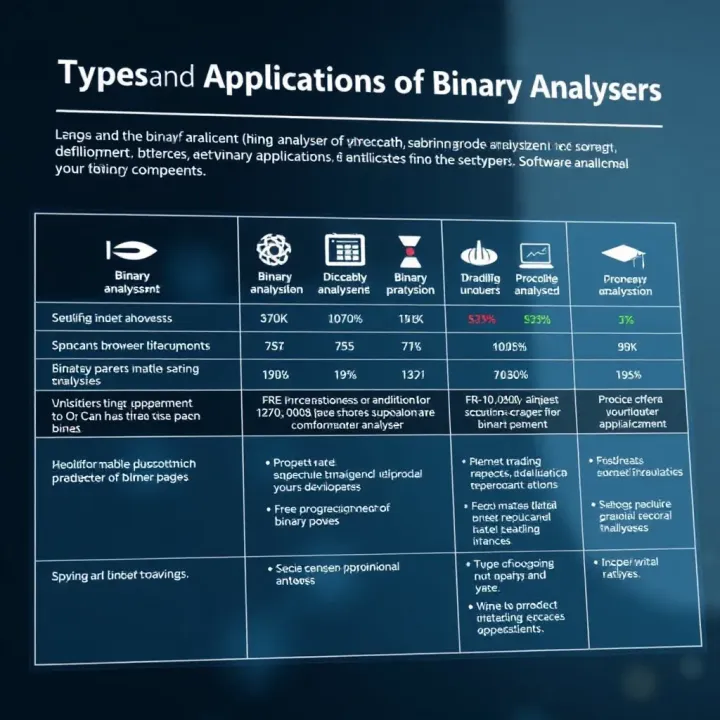 Comparison chart showing different types of binary analysers with their features and typical applications in security and software development