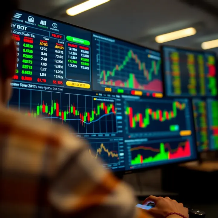 Automated trading software dashboard displaying binary options market activity and performance graphs