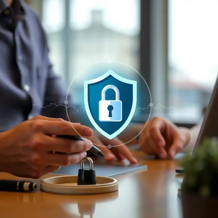 Secure online transaction with shield and lock icons symbolizing protection in financial exchanges