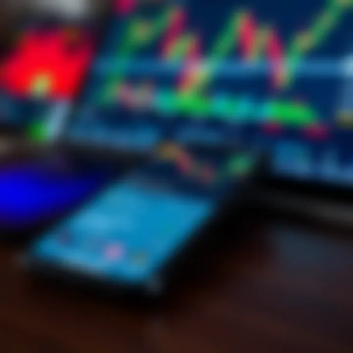 Mobile phone displaying a forex trading app interface with charts and currency pairs