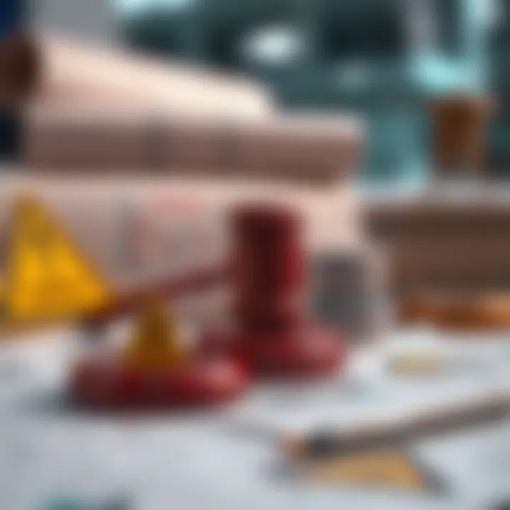 Conceptual illustration of legal documents and caution symbols related to trading risks and regulations