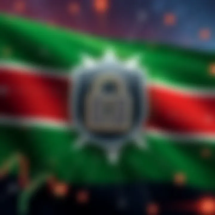 Visualization of a secure connection symbol overlaid on a Kenyan flag background with binary options trading symbols