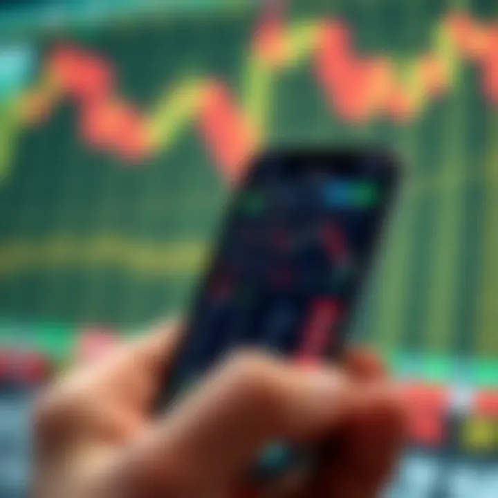 Mobile phone displaying a binary trading app interface with market charts and trading options