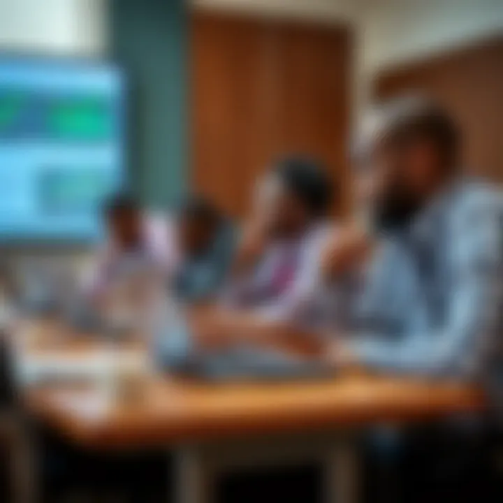 Classroom setting with students learning forex trading concepts on laptops