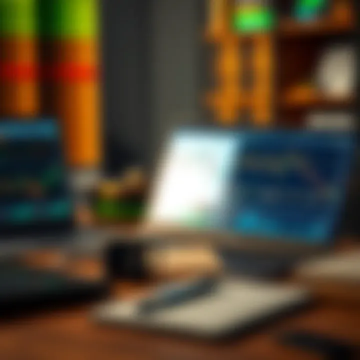 Graphic showing essential tools for forex trading like a laptop, charts, and trading strategy notes