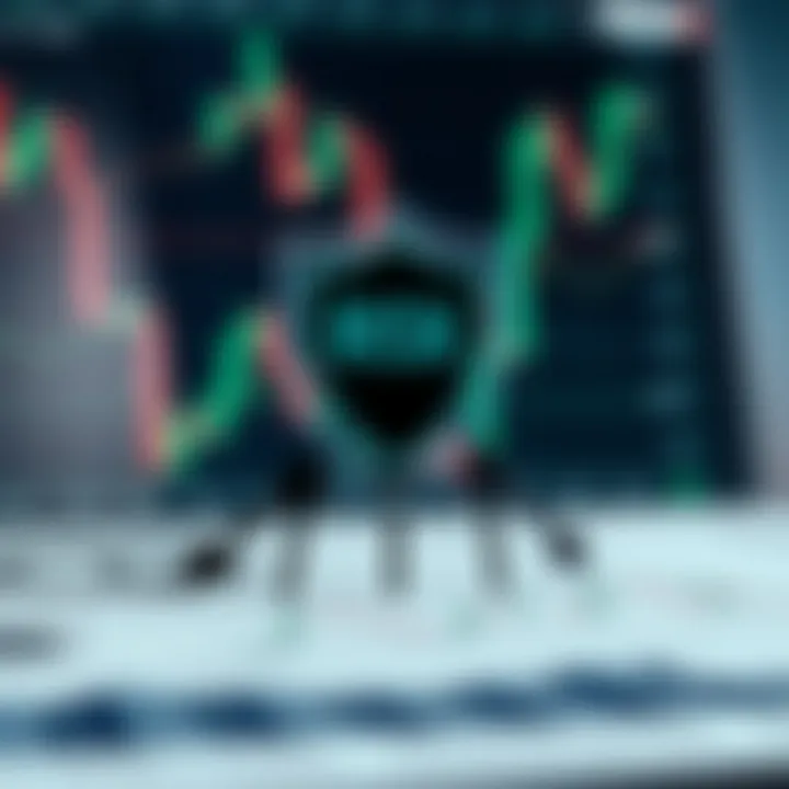 Illustration of risk management concept with protective shield over financial charts and arrows