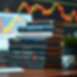 A collection of essential forex trading books stacked on a desk with a currency chart in the background