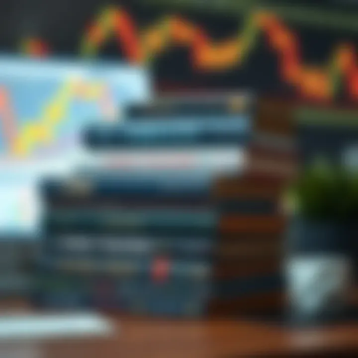 A collection of essential forex trading books stacked on a desk with a currency chart in the background