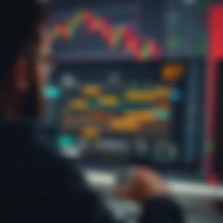 Forex trader analyzing a digital economic calendar on a computer screen with currency charts in the background