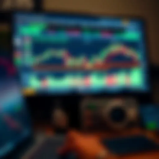 Close-up view of computer screen showing forex market analysis with charts and indicators