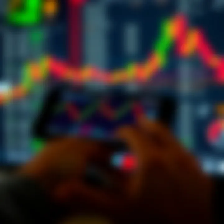 Mobile device displaying forex trading app interface with charts and currency pairs