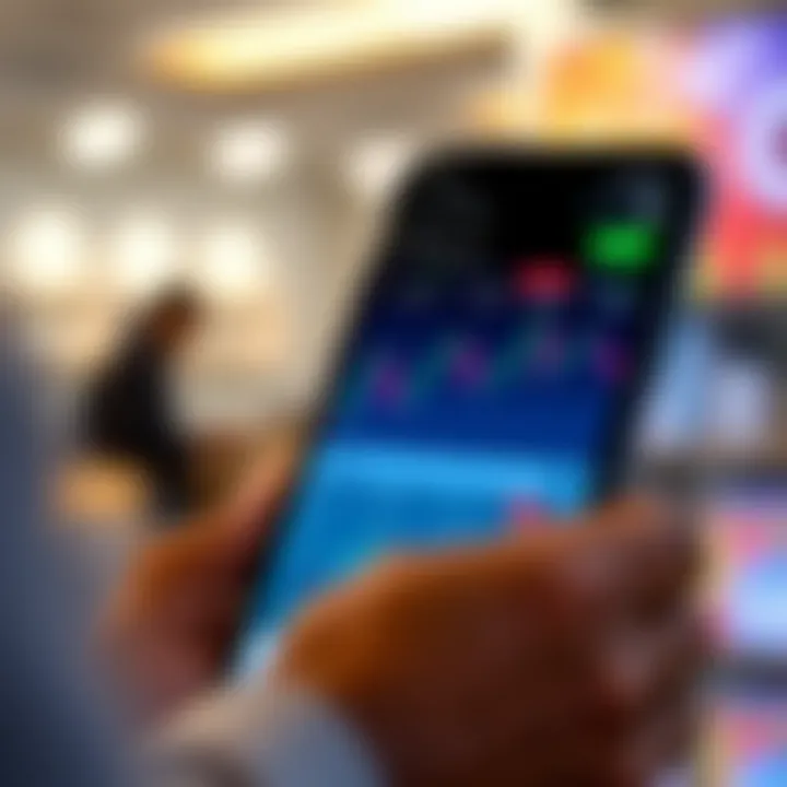 Mobile phone displaying a forex trading app interface with currency charts and trading options