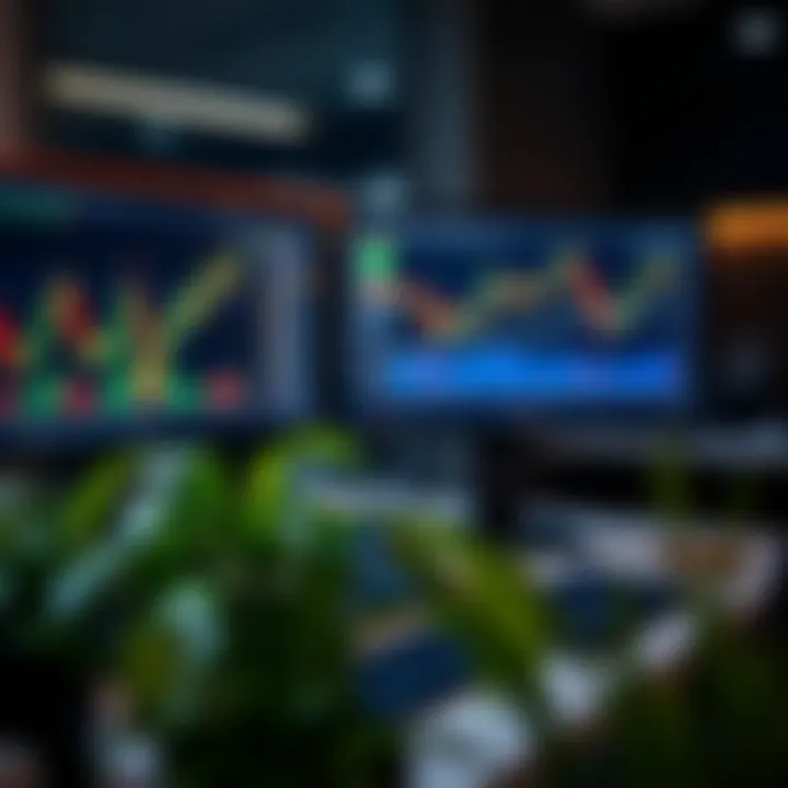 Modern workspace with dual monitors displaying forex charts and trading analysis