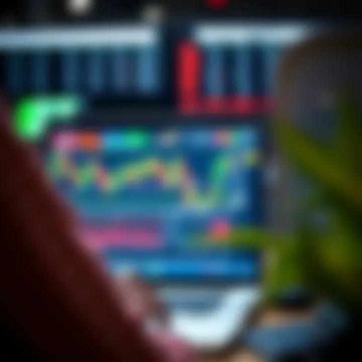 User interacting with a digital trading platform on a laptop displaying currency charts and market data