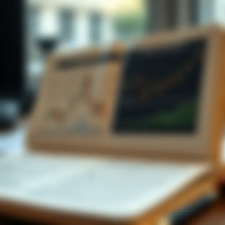 Open book displaying charts and graphs alongside notes on risk management in forex trading