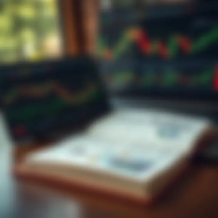 An open book showing forex charts and trading strategies with a laptop and financial graphs