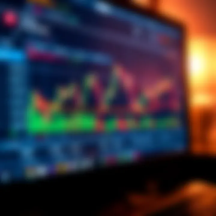 Close-up of computer screen displaying a forex trading platform with various currency pairs and charts
