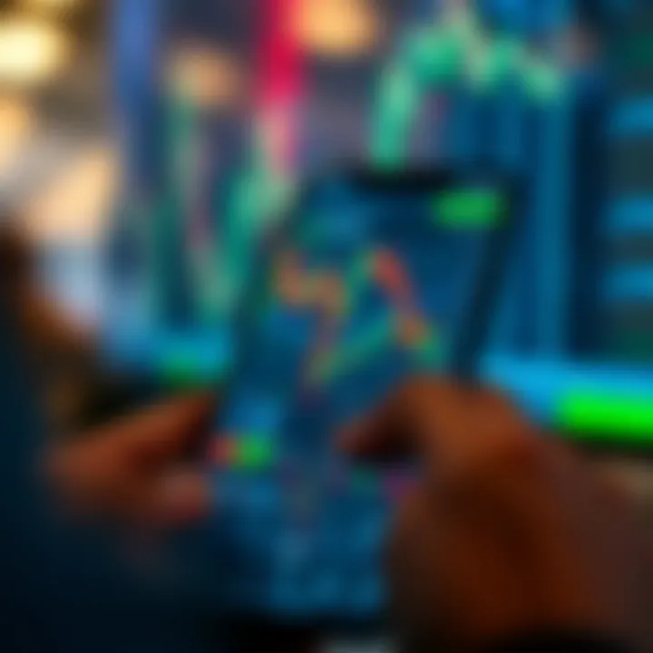 Mobile device displaying forex trading platform with charts and market data