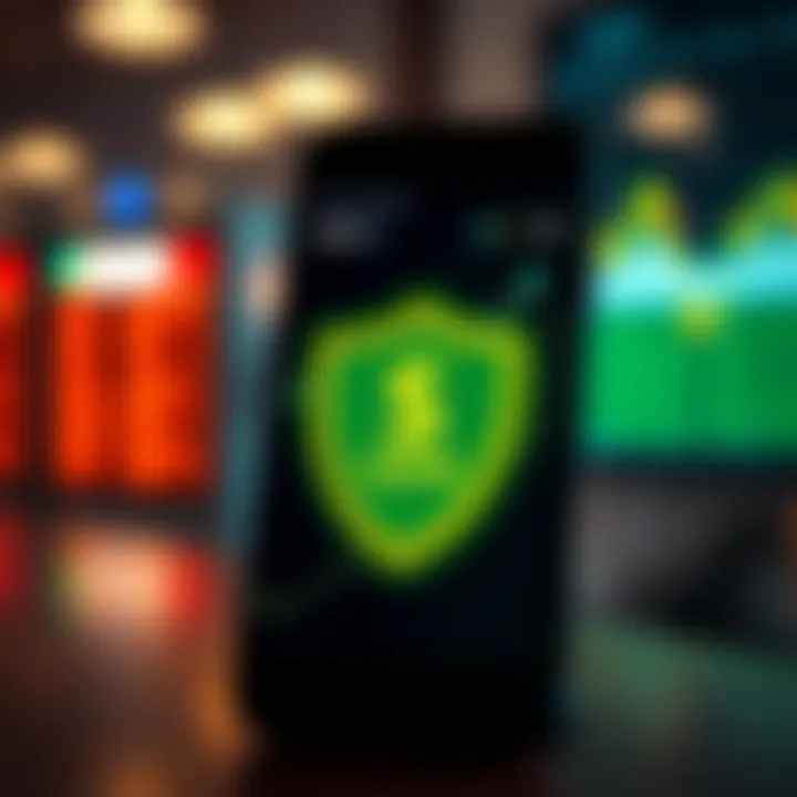 Illustration of smartphone with currency symbols and security shield representing safe trading