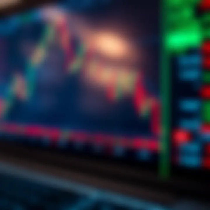 Illustration of a forex trading chart with candlestick patterns and currency pairs on a digital screen