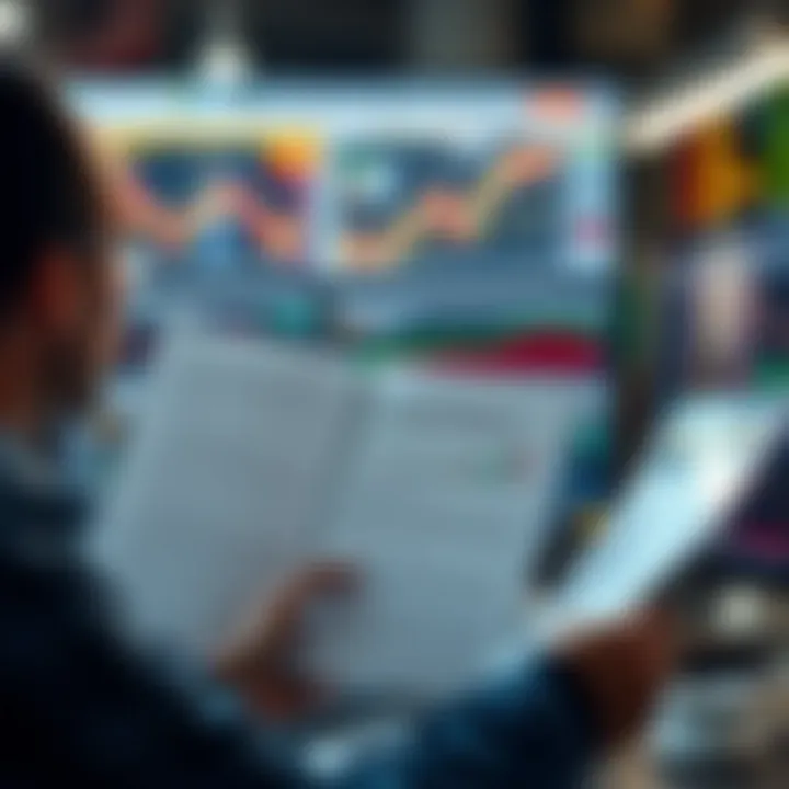 Visualization of a trader reviewing PDF resources with annotated trading charts and pattern explanations
