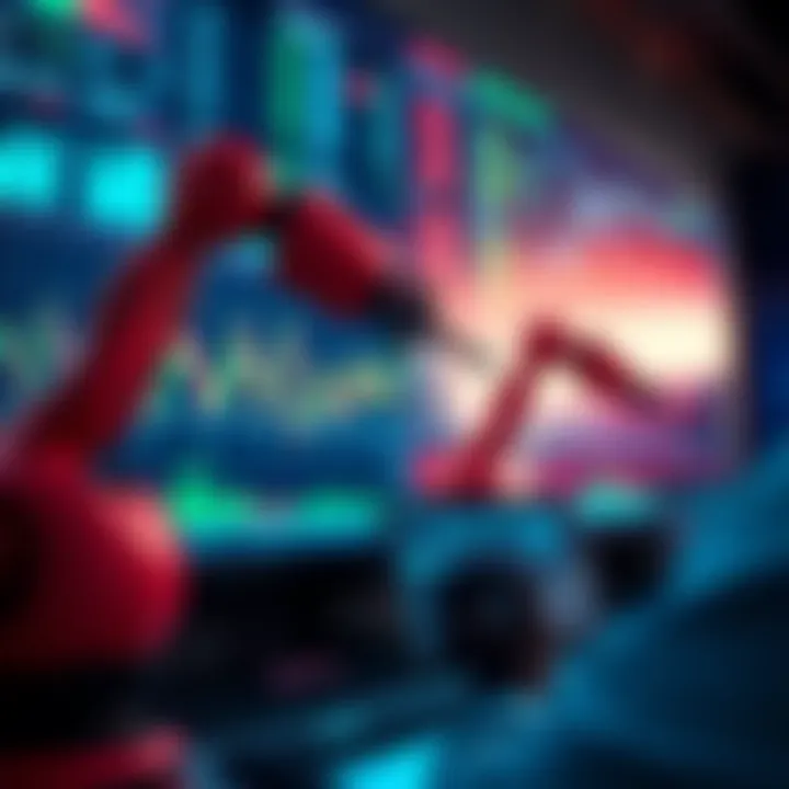 Illustration showing a digital interface with robotic arms analyzing financial charts and binary options trading data