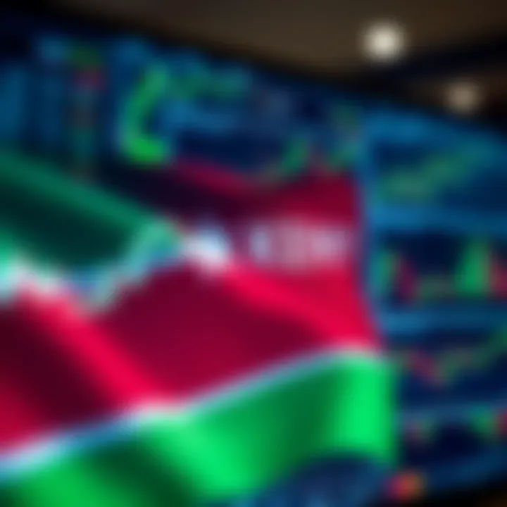 Digital screen showing various binary options trading charts with Kenyan flag overlay