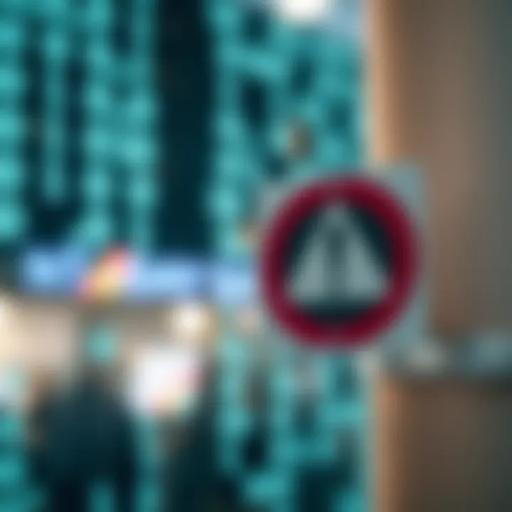 Digital representation of a warning sign with binary code symbols in the background