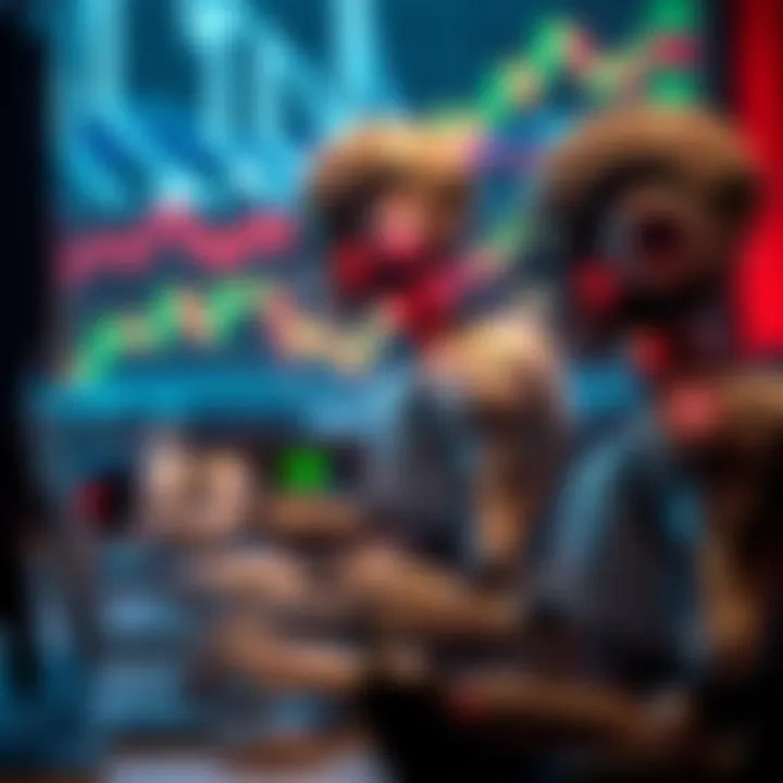 Representation of forex trading bots analyzing market trends and executing trades in a simulated currency market environment