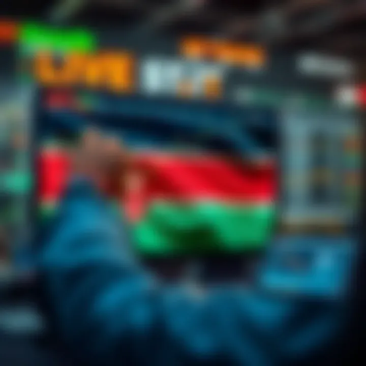 Conceptual illustration of transitioning from simulated forex trading to live market environments with Kenyan flag visuals