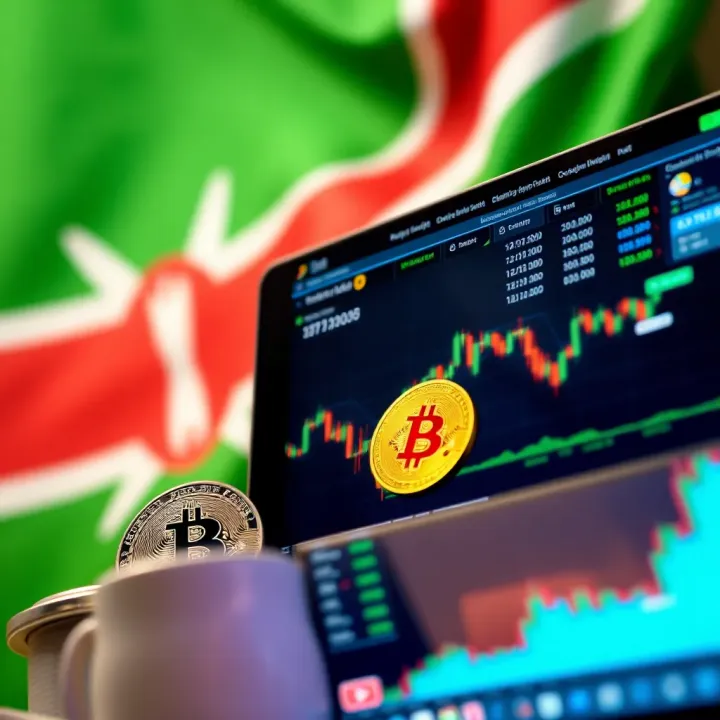 Digital interface displaying various cryptocurrencies with Kenyan flag background