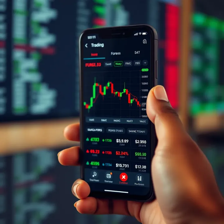 Mobile device displaying Forex trading app interface with charts and currency pairs relevant to Kenyan market