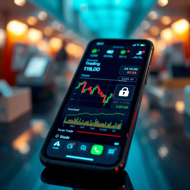 Secure mobile forex trading on smartphone with data protection icons
