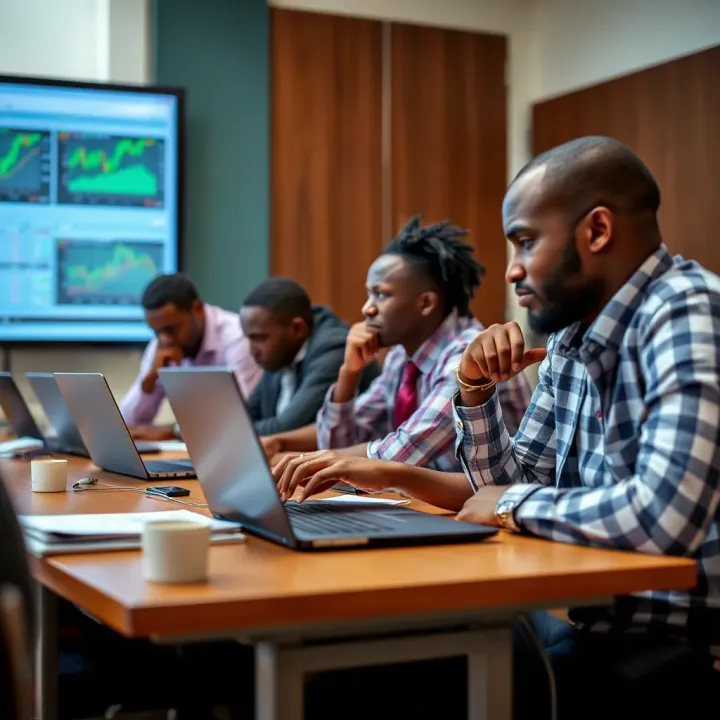 Classroom setting with students learning forex trading concepts on laptops