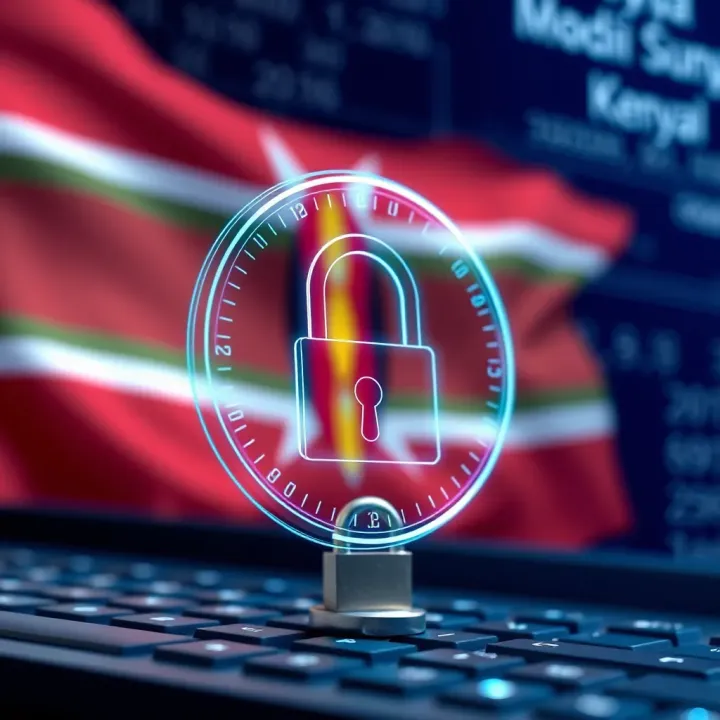 Conceptual graphic showing secure digital lock protecting cryptocurrency exchange with Kenyan flag in background