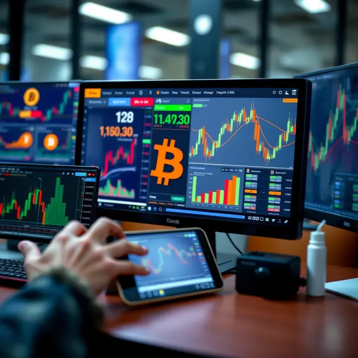 Illustration of various cryptocurrency trading platforms displayed on digital devices with charts and user interfaces