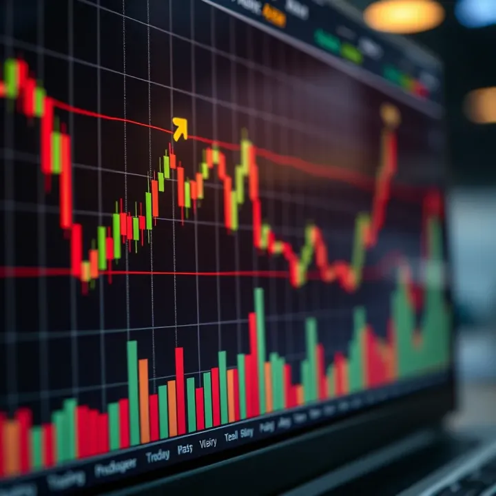 Graph displaying currency exchange trends with technical indicators overlaid