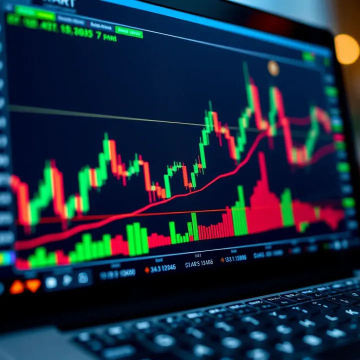 Graph showing upward trend with candlestick patterns and trading indicators on a digital screen