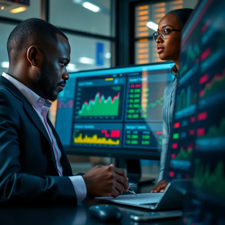 Business team analyzing risk factors and financial data on a digital dashboard