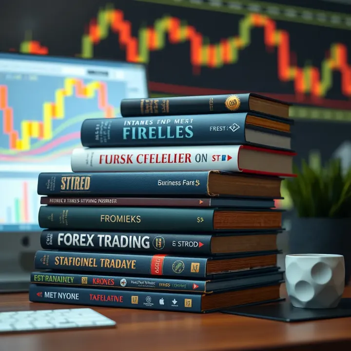 A collection of essential forex trading books stacked on a desk with a currency chart in the background