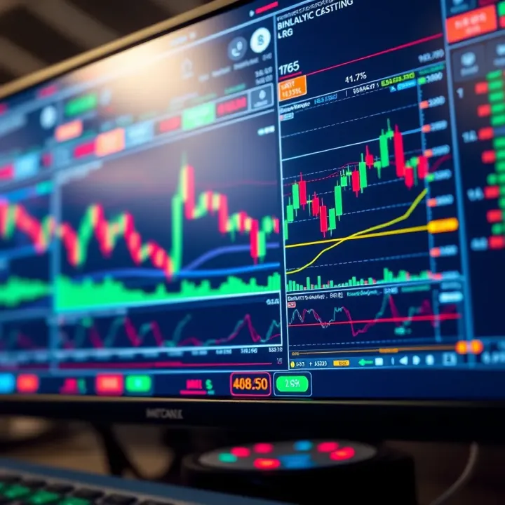 Digital interface showing binary trading bot software with charts and algorithm controls on screen