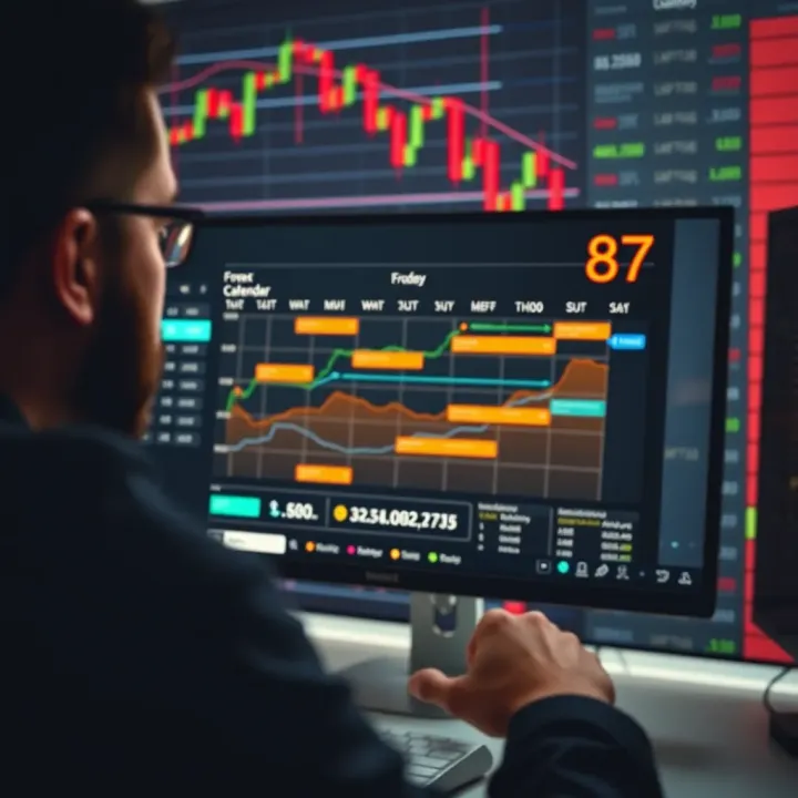 Forex trader analyzing a digital economic calendar on a computer screen with currency charts in the background