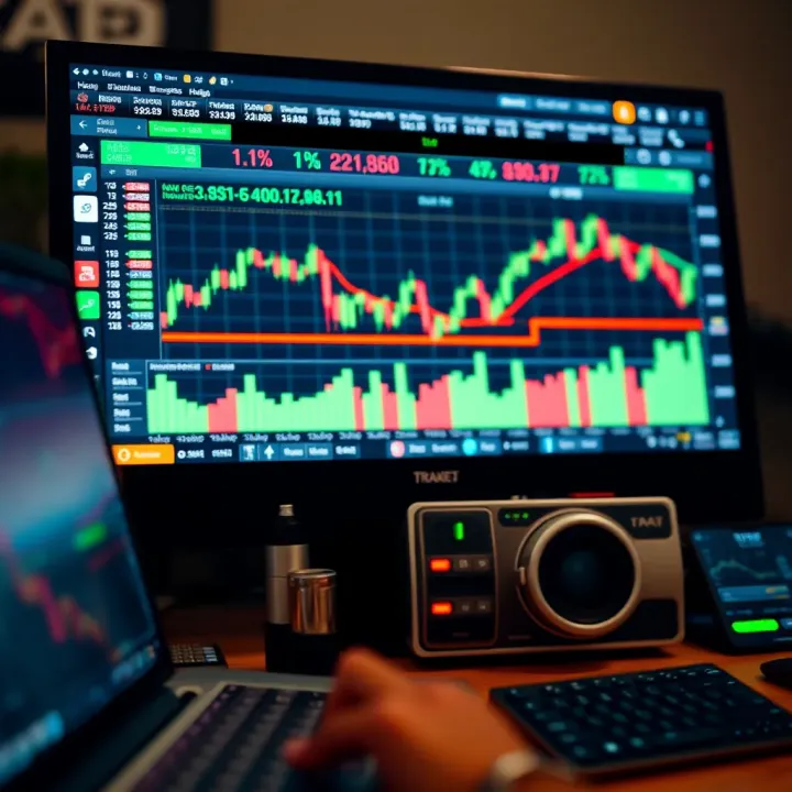 Close-up view of computer screen showing forex market analysis with charts and indicators