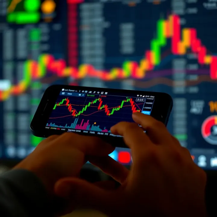 Mobile device displaying forex trading app interface with charts and currency pairs