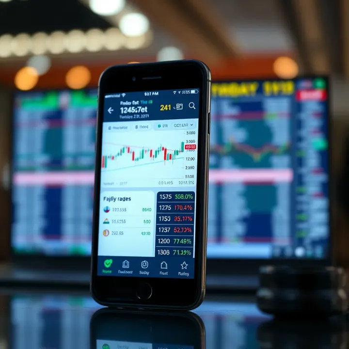 Mobile phone displaying a forex trading application interface with currency charts and trading options