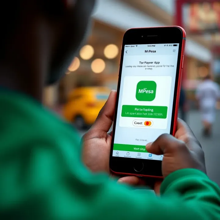 Mobile phone displaying M-Pesa app interface for secure forex payment transactions in Kenya
